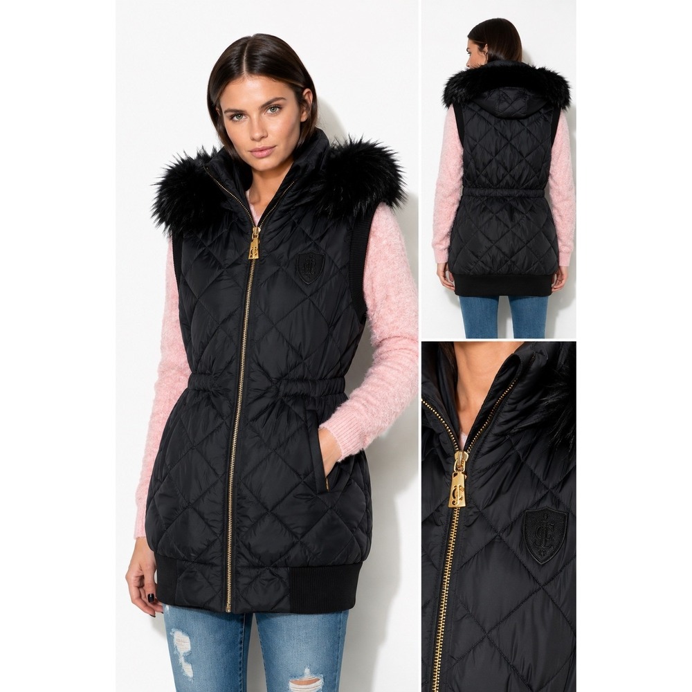 Juicy Couture Black Label Puffer Vest Women XS Black Down Faux Fur Hood Y2K